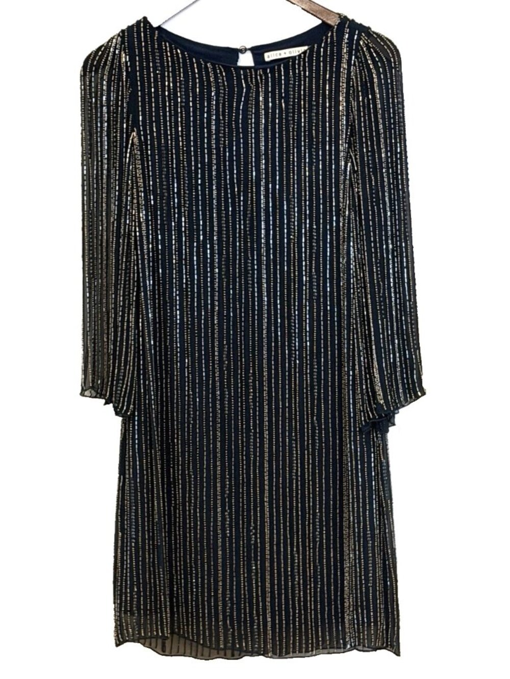 Alice + Olivia Gold Beads Black Beads 3/4 Sheer Sleeves Dress Silk Size 2